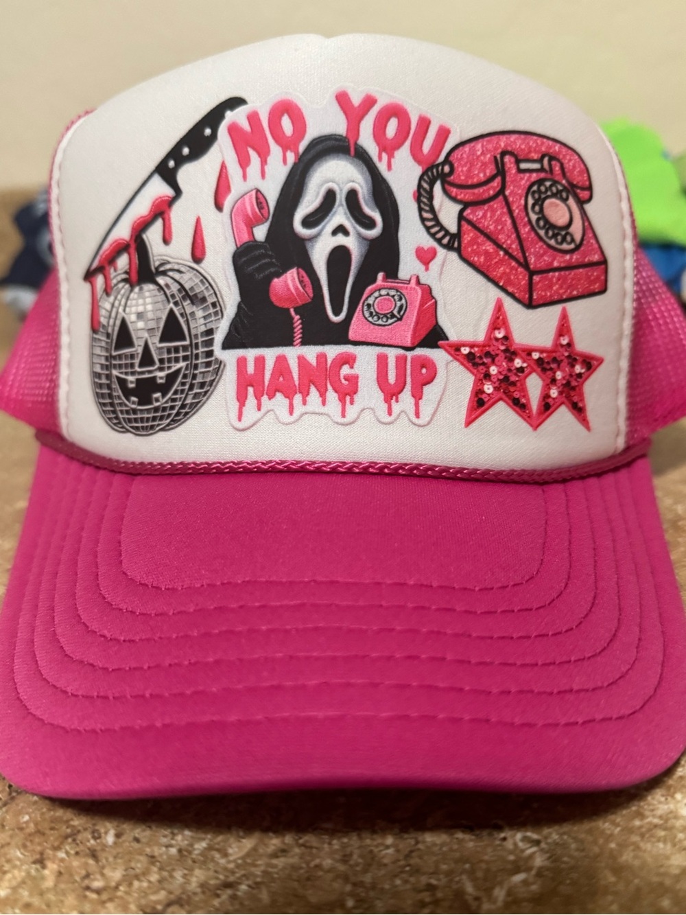 Pink Horror Movie Faux Patch Trucker Hat: No You Hang Up